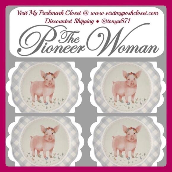🦋 New Pioneer Woman Novelty Pig Appetizers 7"d Gray Gingham Plates - Set of 4 - Picture 1 of 7